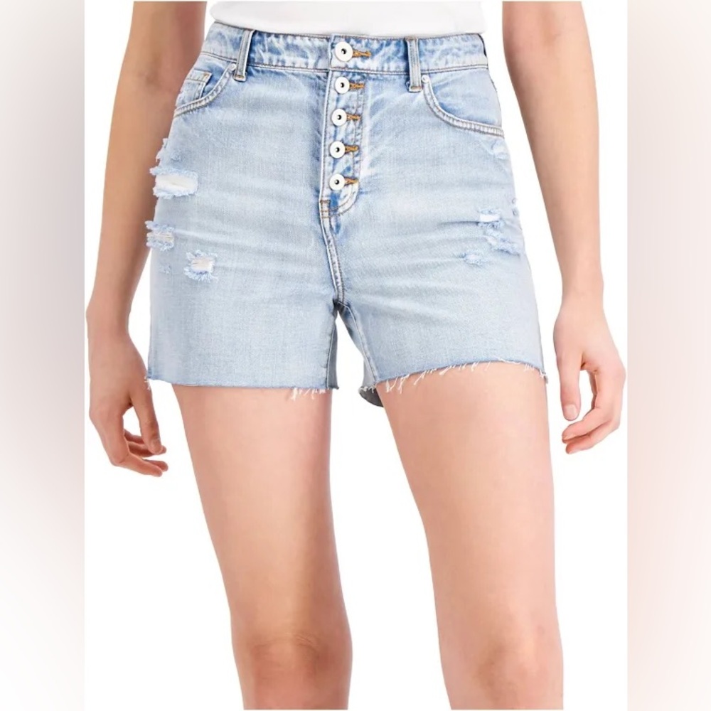 INC International Concepts Women's High-Rise Raw Hem Jean Shorts.